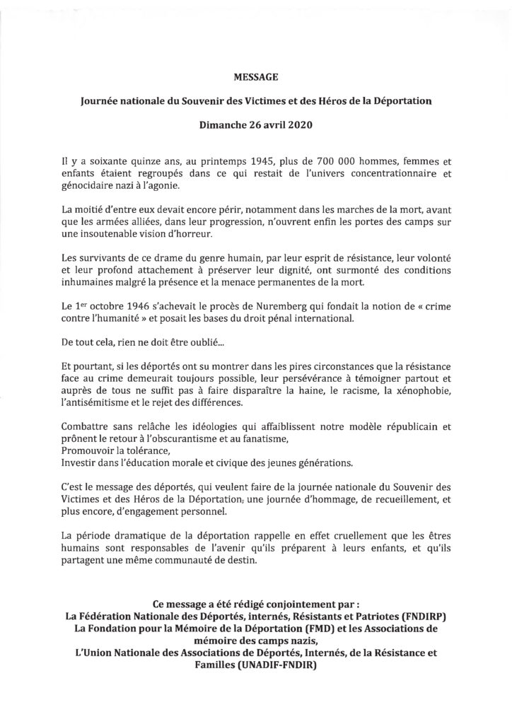 Message 2020 Souvenir déportation Célébration de la Journée nationale du Souvenir des Victimes et des Héros de la Déportation