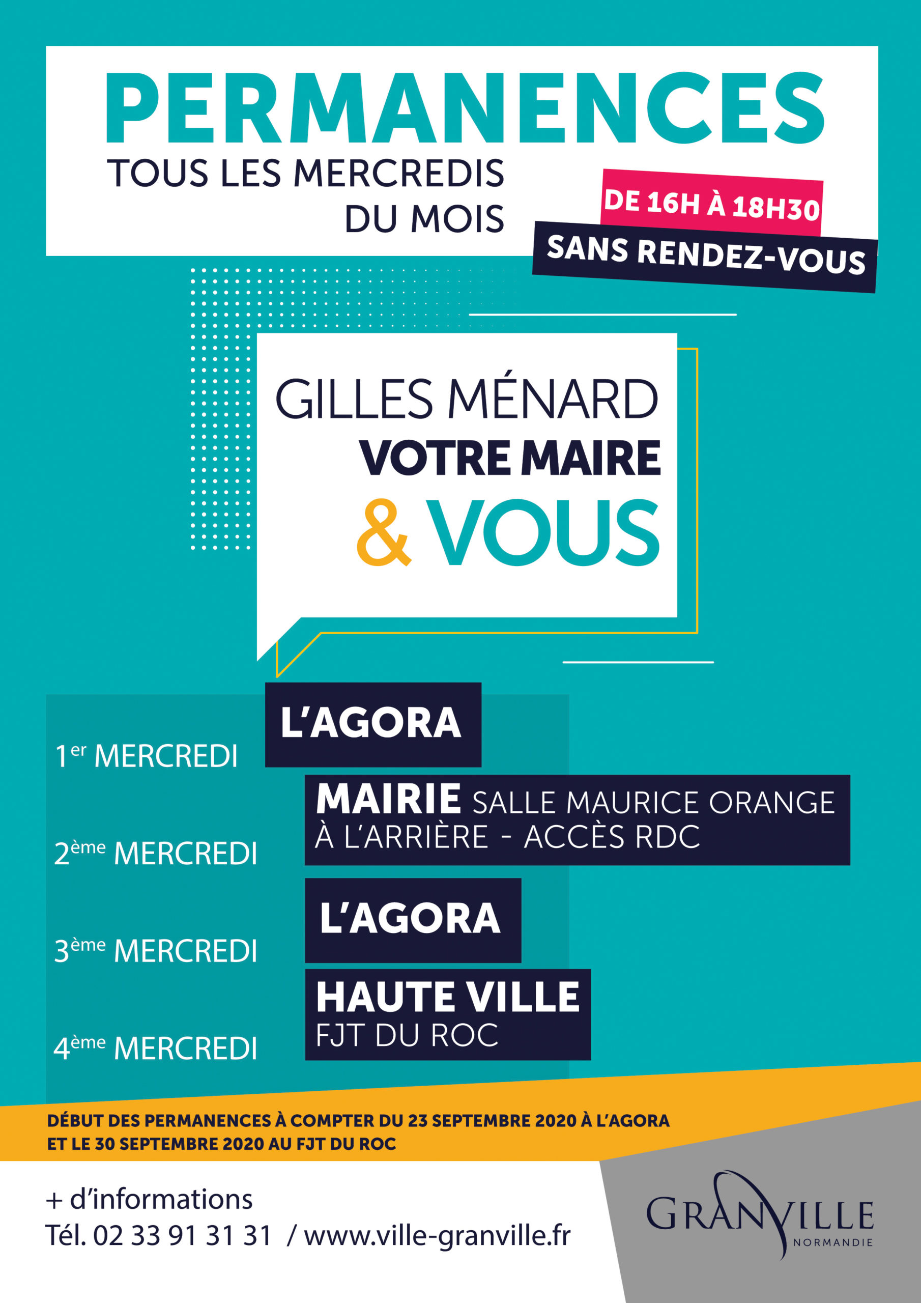 Gilles Ménard recevra les administrés sans rendez-vous tous les mercredis du mois, de 16h à 18h30, en différents lieux de Granville, à compter du 23 septembre 2020.
