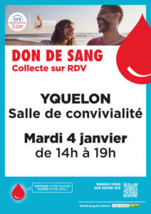 Don de sang : collecte sur rdv, mardi 4 janvier de 14h à 19h, à Yquelon