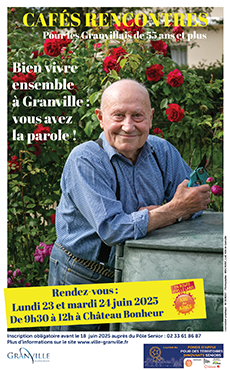 SLIDE Affiche Ville amie des aînés juin 2025 Ville de Granville En route vers le Label VADA, devenez acteur du projet et inscrivez vous aux ” Café rencontres ! “